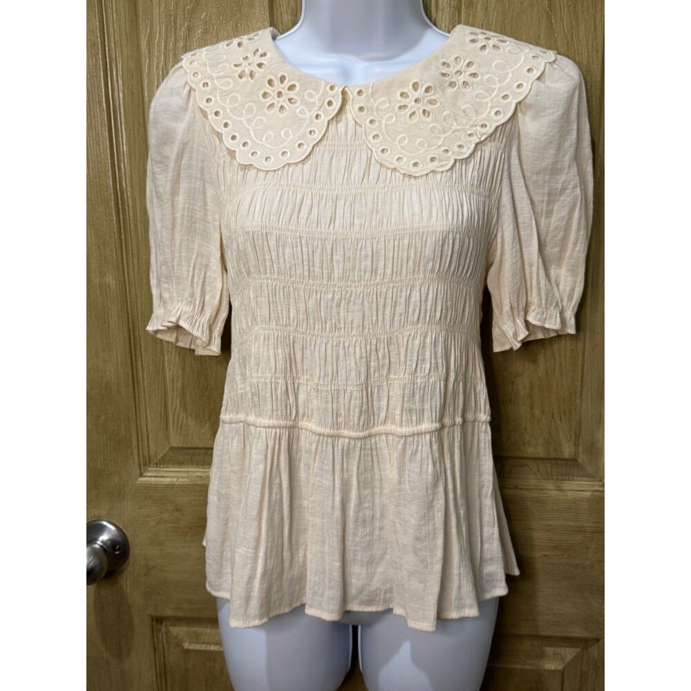 Blu Pepper Cream Smocked Peplum Top Eyelet Peter Pan Collar Women's L